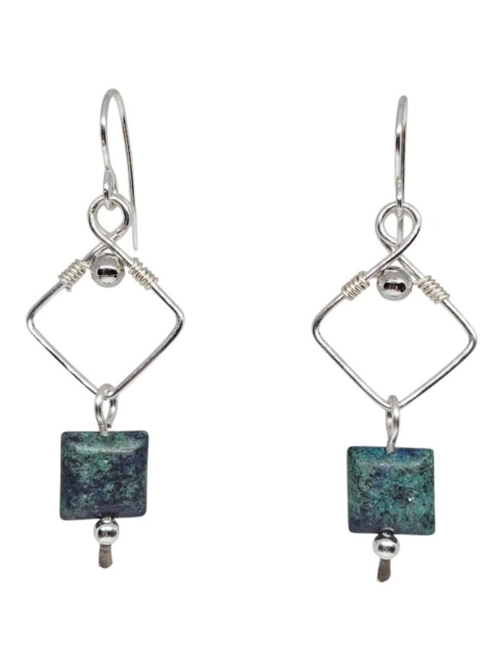 Handmade Blue-Green Chrysocolla Gemstone Silver Square Hoop Dangle Boho Earrings